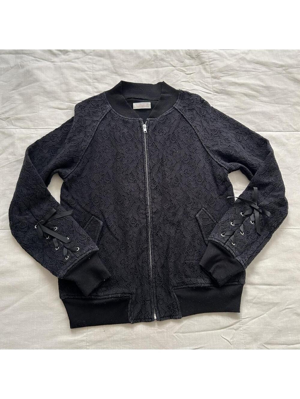 LIZ LISA Black Lace Bomber Jacket Ribbon Cuff Goth Lolita Size S Japan